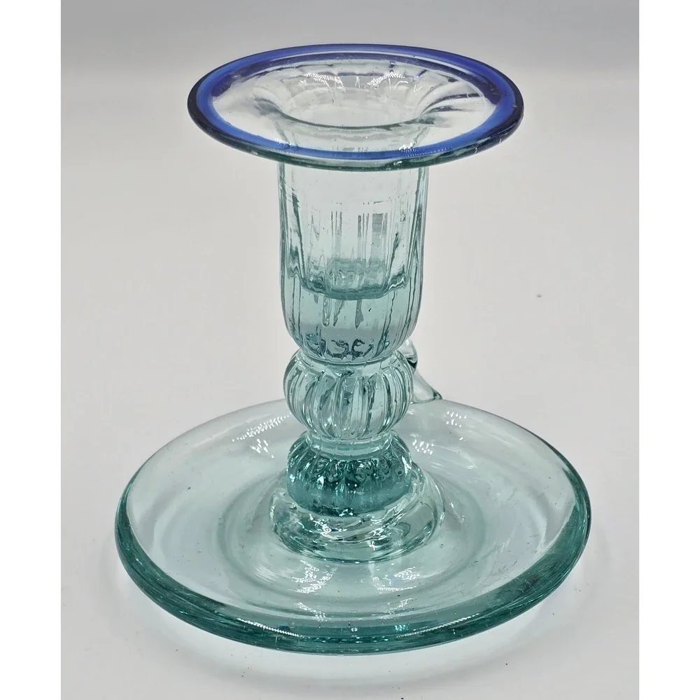 Vintage Rare Vetreria Etrusca Green Glass Chamberstick Taper Holder Blue Rim‎